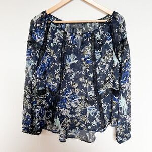 ASTR Blue Purple Floral Sheer Long Sleeve Black Lace Top Large